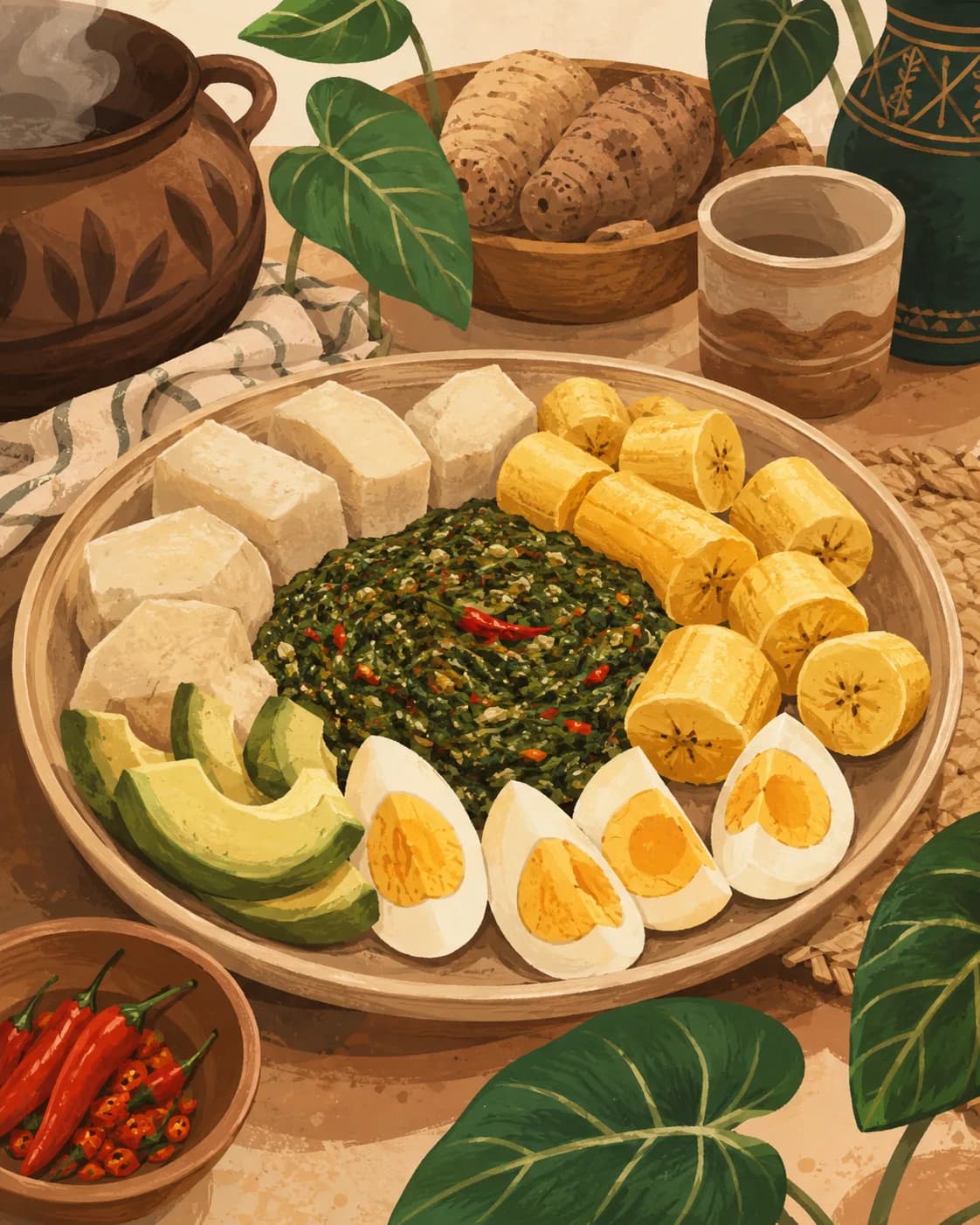 Ampesi avec sauce verte, petit-déjeuner de Ghana