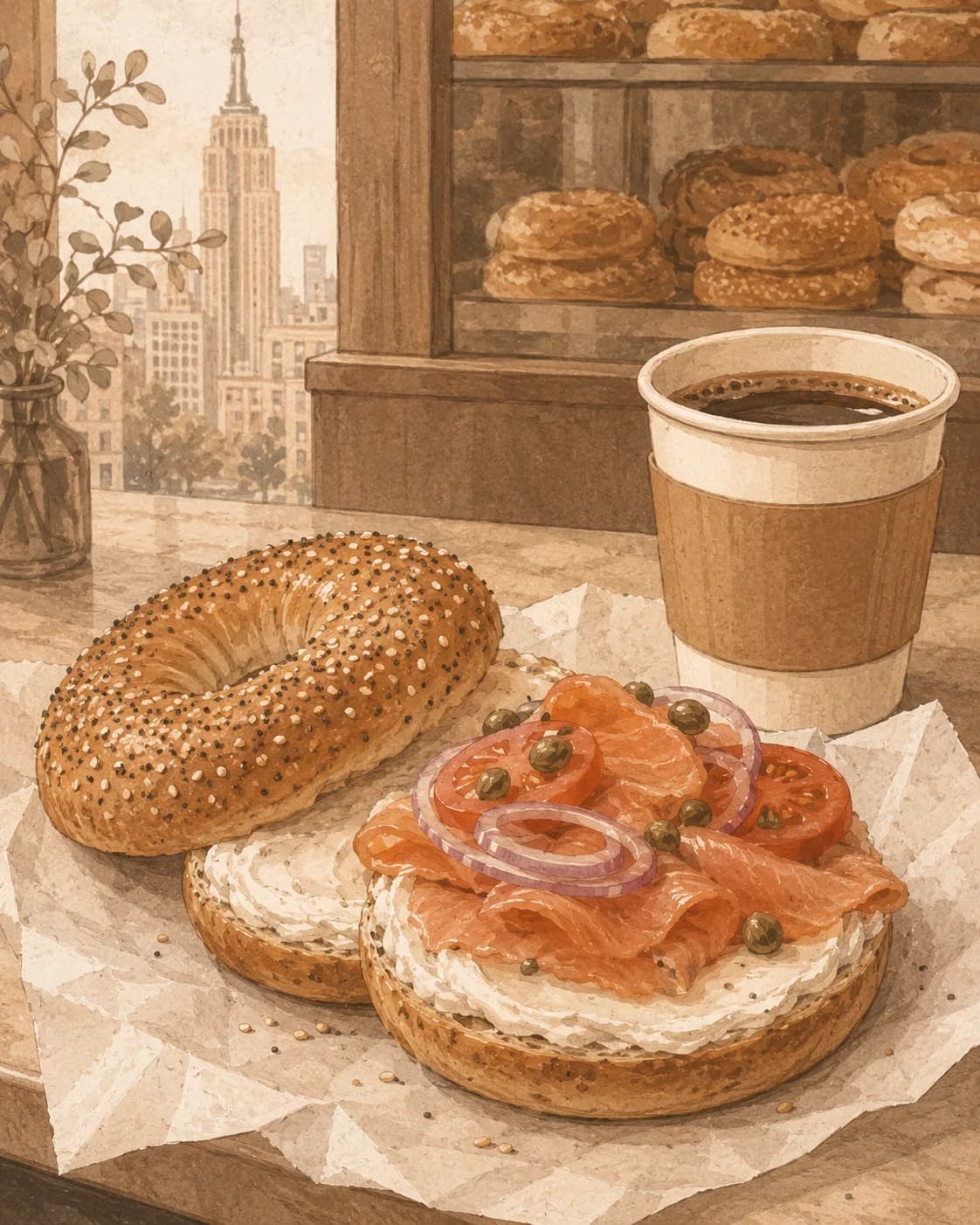 New York bagel with cream cheese, petit-déjeuner de États-Unis / New York