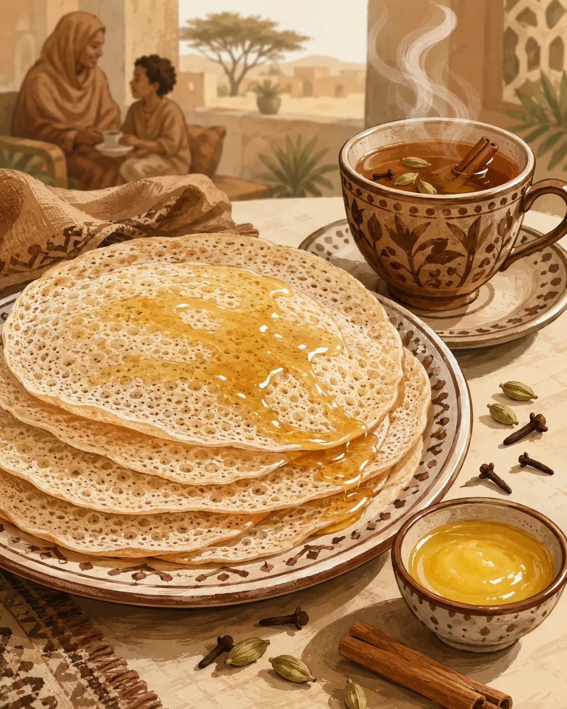 Canjeero au thé épice, petit-déjeuner de Somalie, Corne de l'Afrique