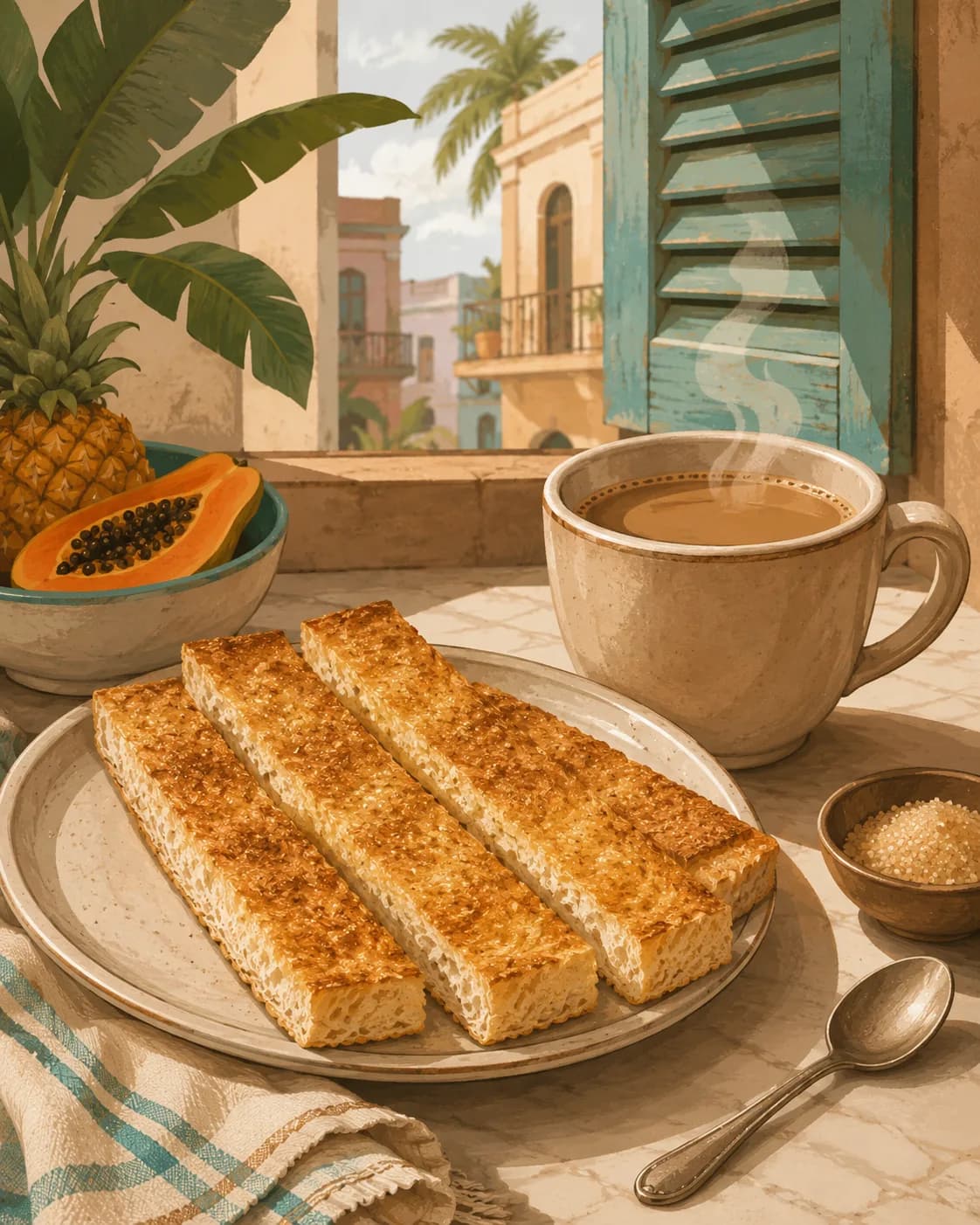 Cuban tostada & café con leche, petit-déjeuner de Cuba / diaspora cubaine