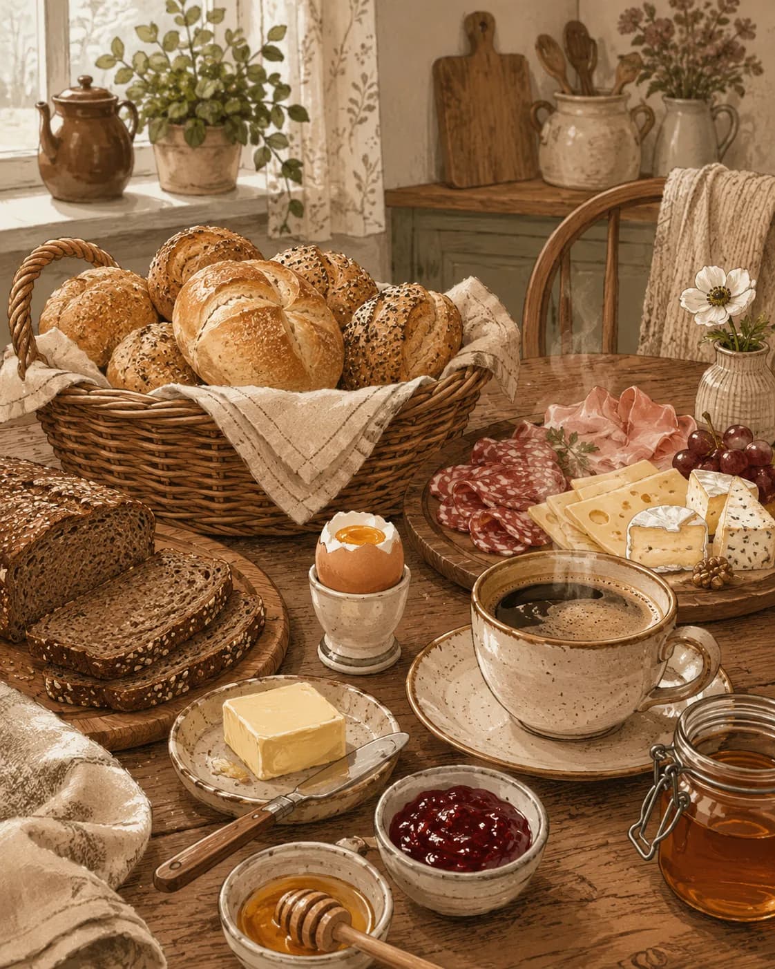 German Frühstück with Brötchen, petit-déjeuner de Allemagne