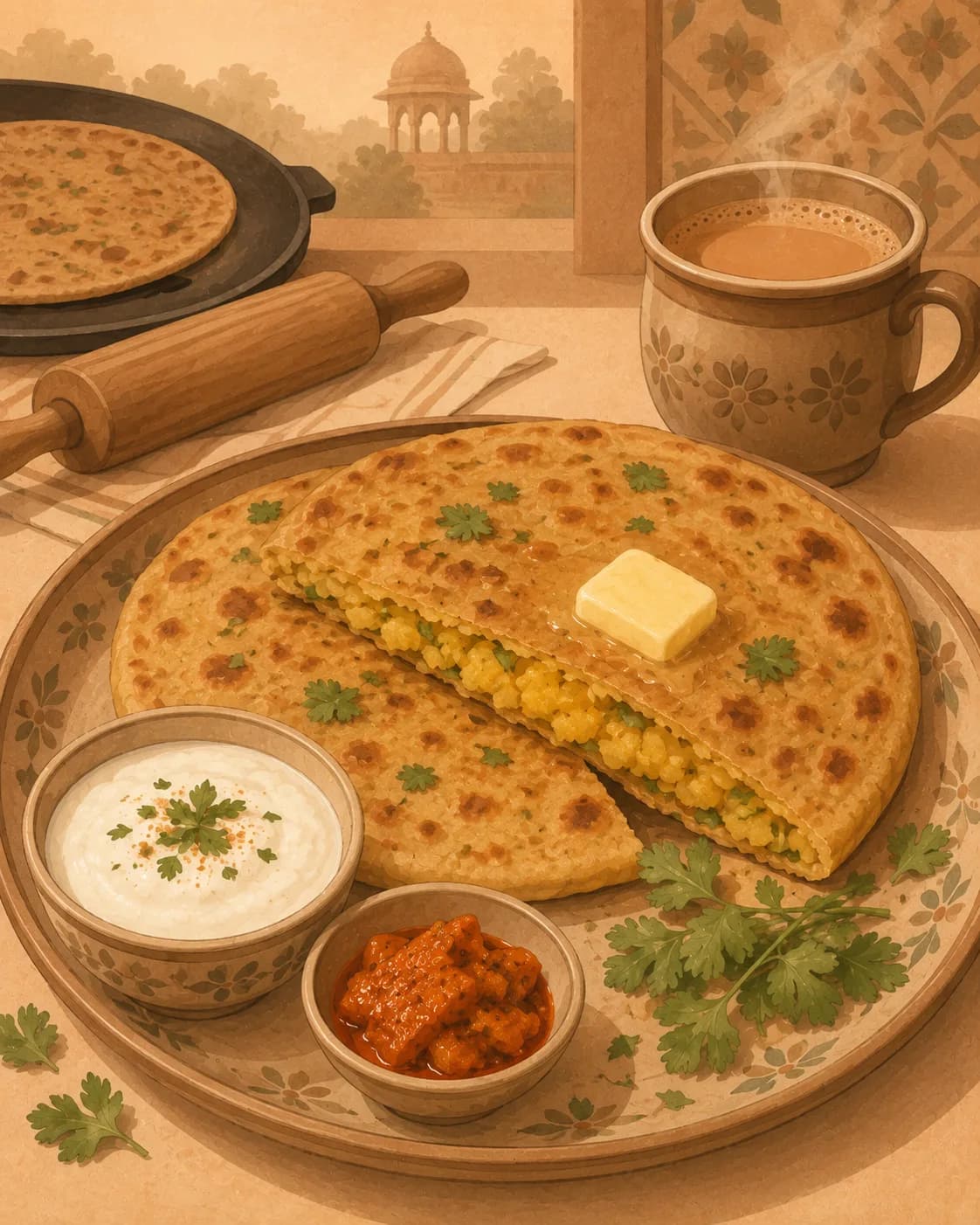 Aloo paratha avec yaourt et pickle, petit-déjeuner de Inde du Nord