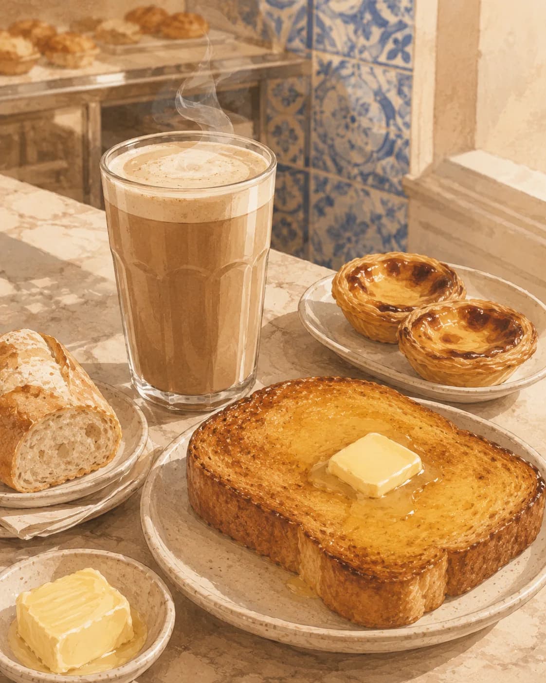 Portuguese pão com manteiga & galão, petit-déjeuner de Portugal