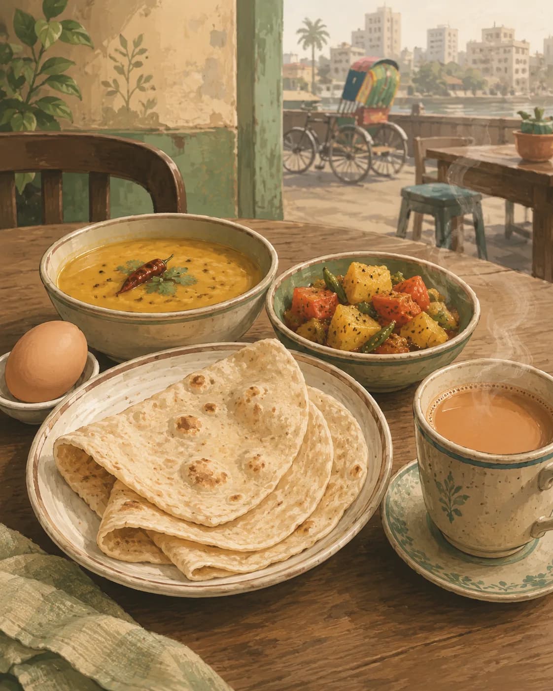Ruti avec dal et curry de légumes, petit-déjeuner de Bangladesh